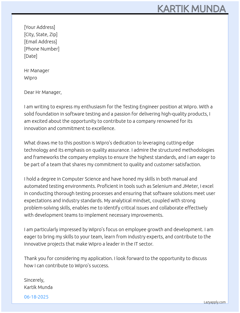 Testing engineer At Wipro Cover Letter