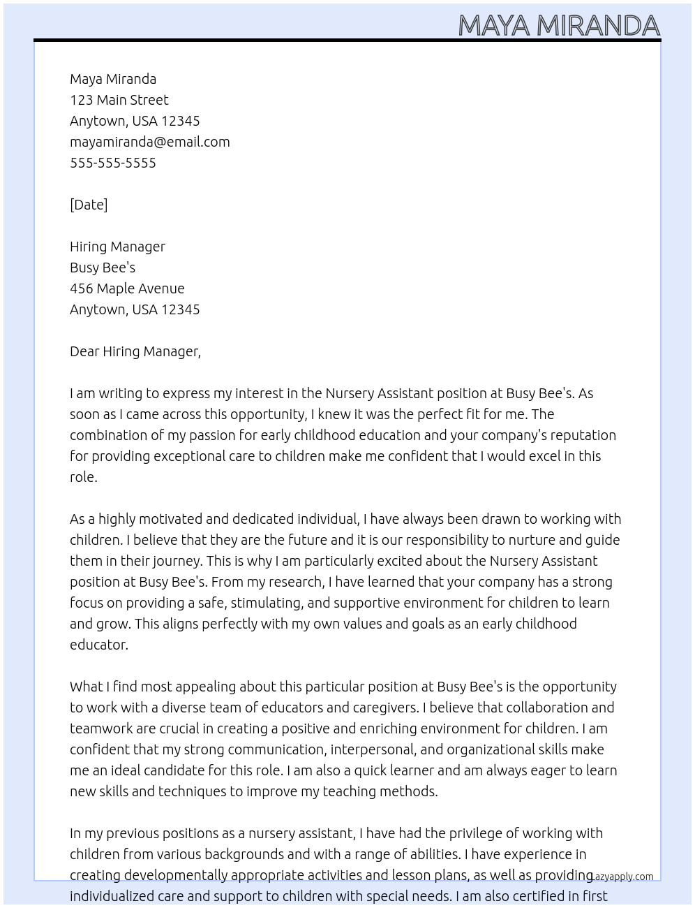 Nursery assistant At Busy Bee's Cover Letter