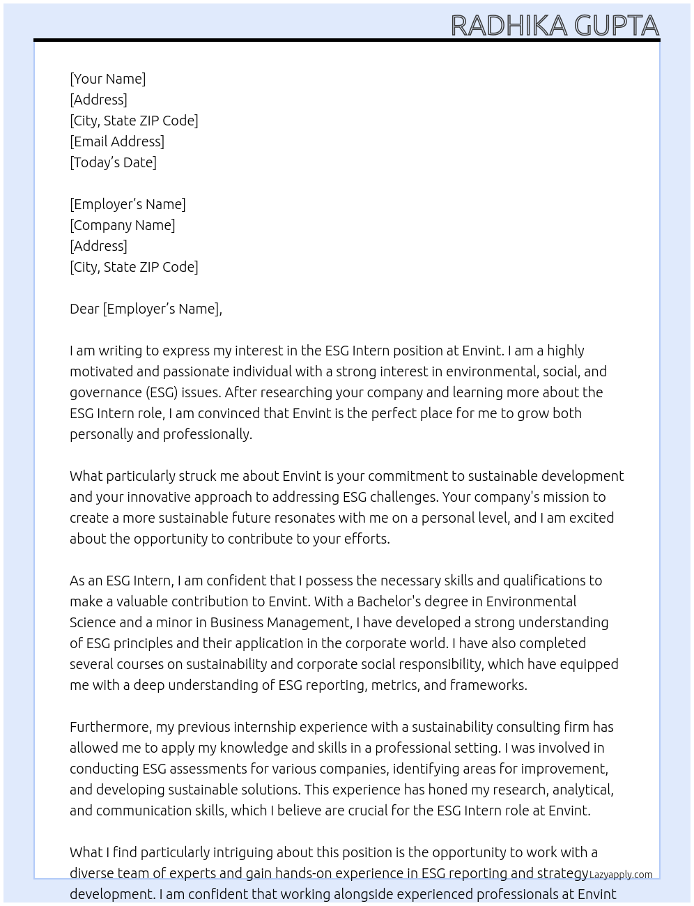 ESG Intern At Envint Cover Letter