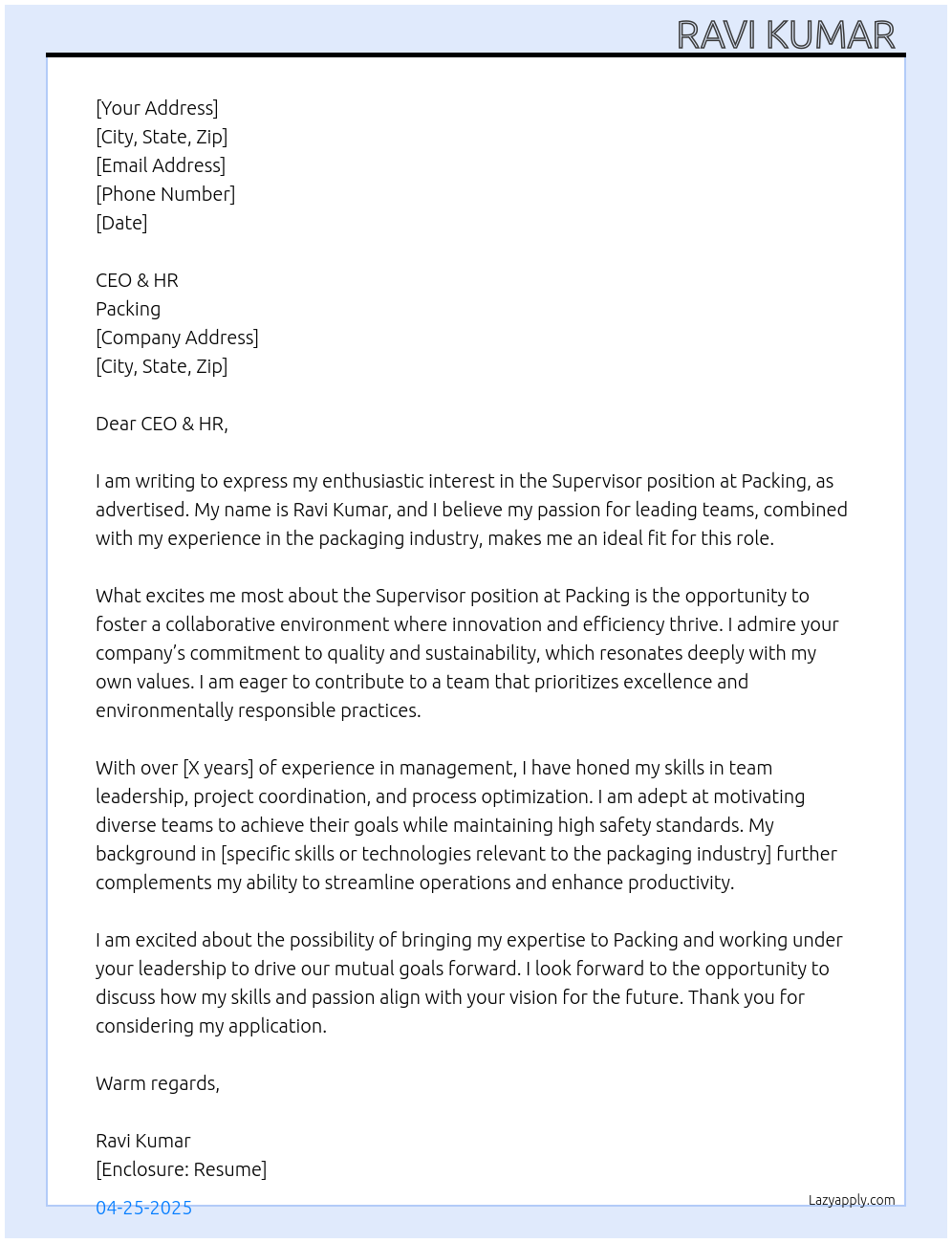 Supervisor At Packing Cover Letter