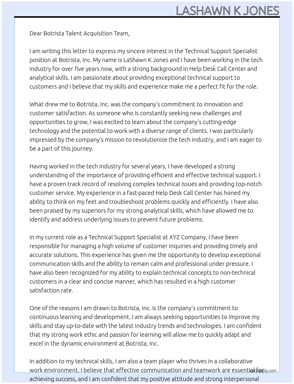 Technical Support Specialist At Botrista, Inc. Cover Letter