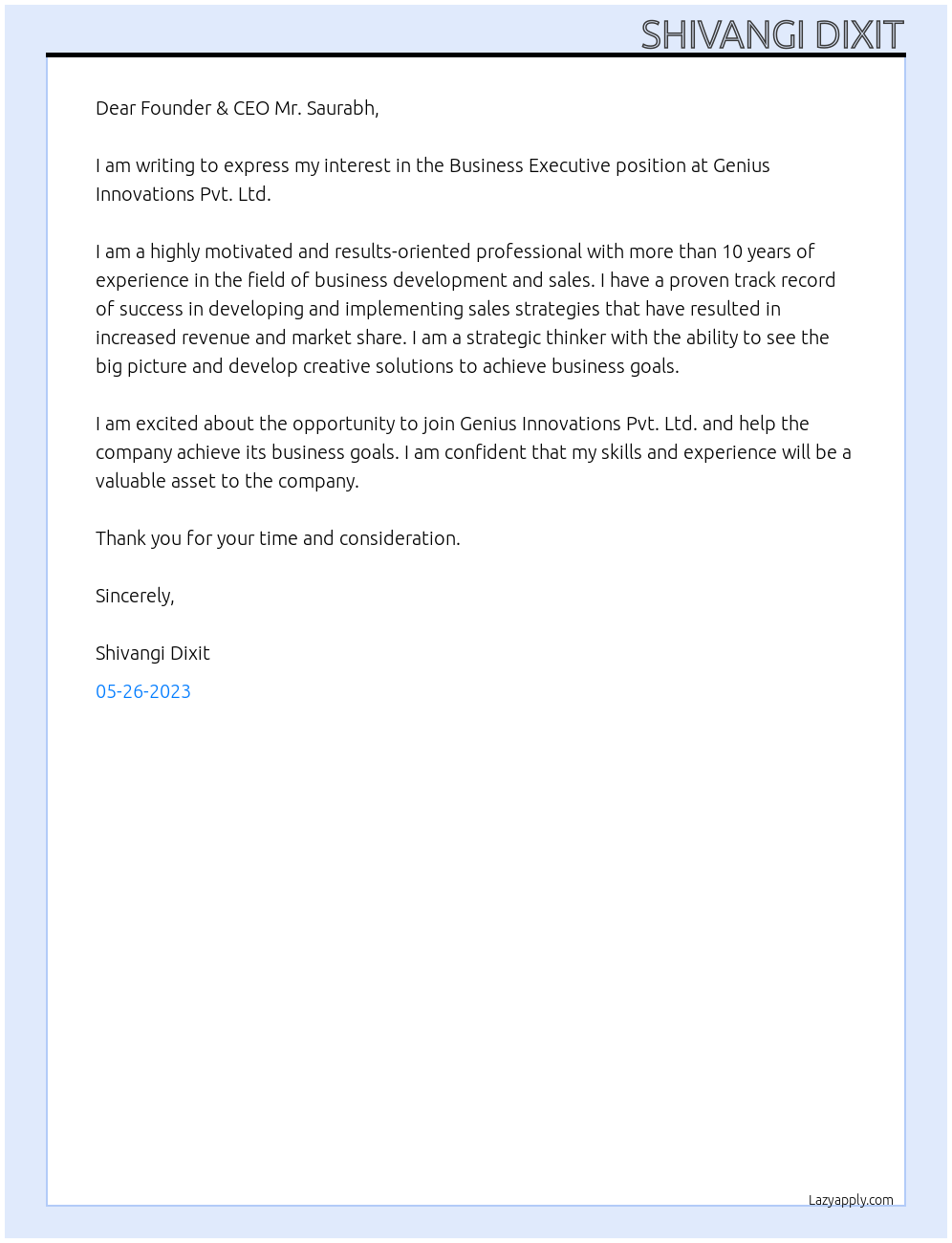 Business Executive At Genius Innovations Pvt. Ltd. Cover Letter