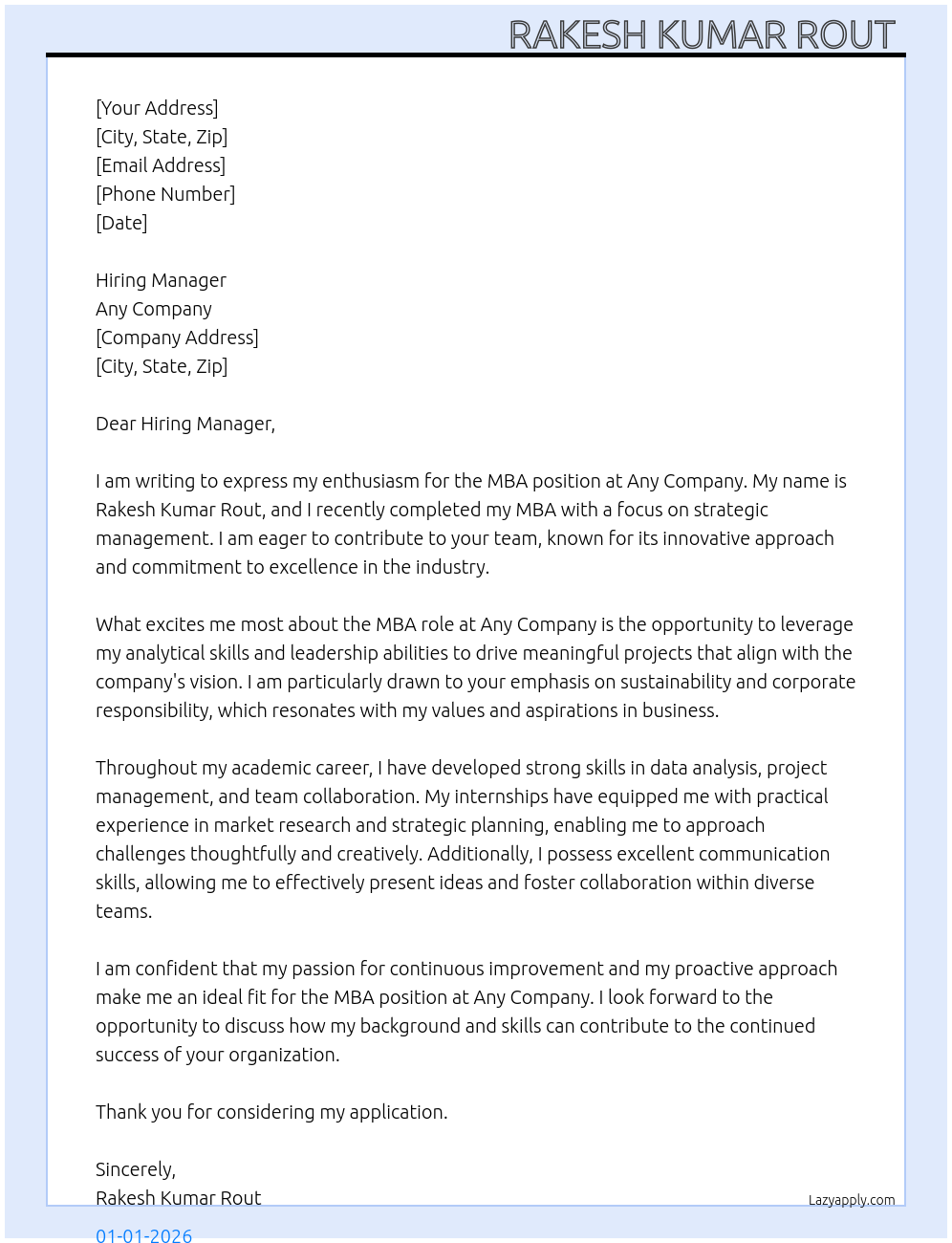 MBA At Any company Cover Letter