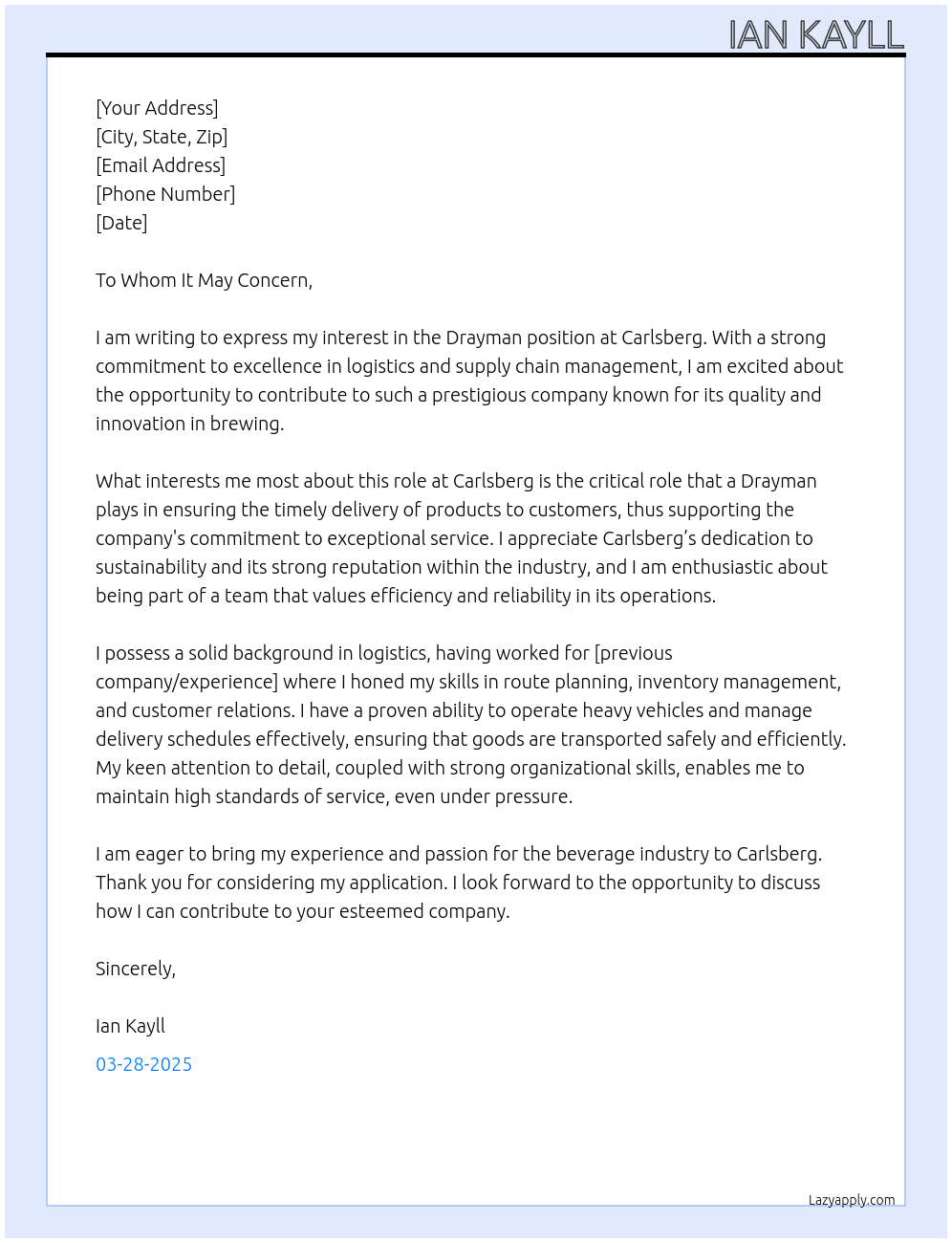 Cover letter for drayman - LazyApply