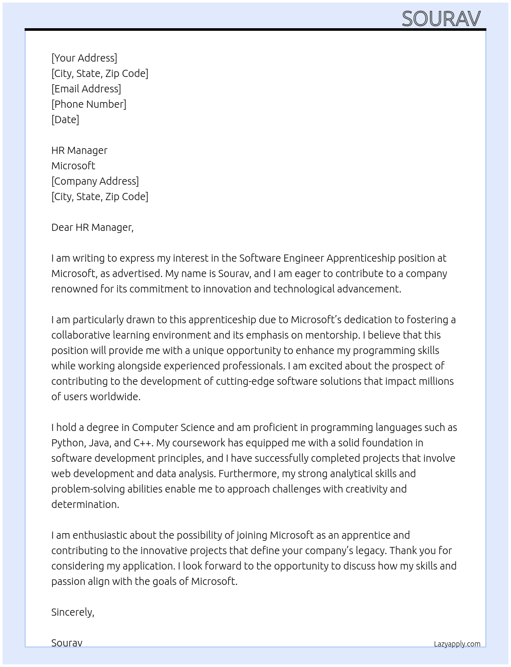Software Engineer Apprenticeship At microsoft Cover Letter