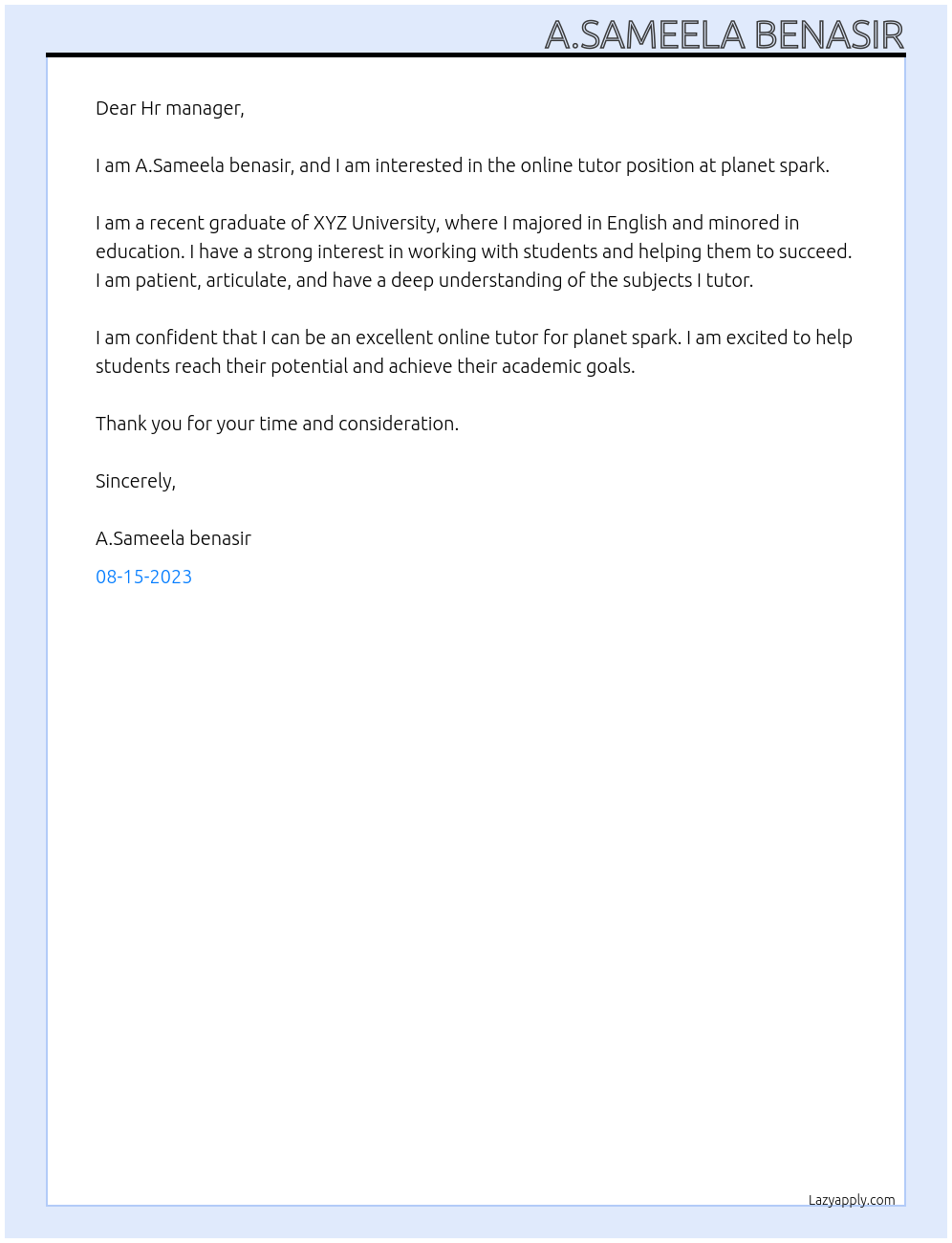 ONLINE TUTOR At planet spark Cover Letter