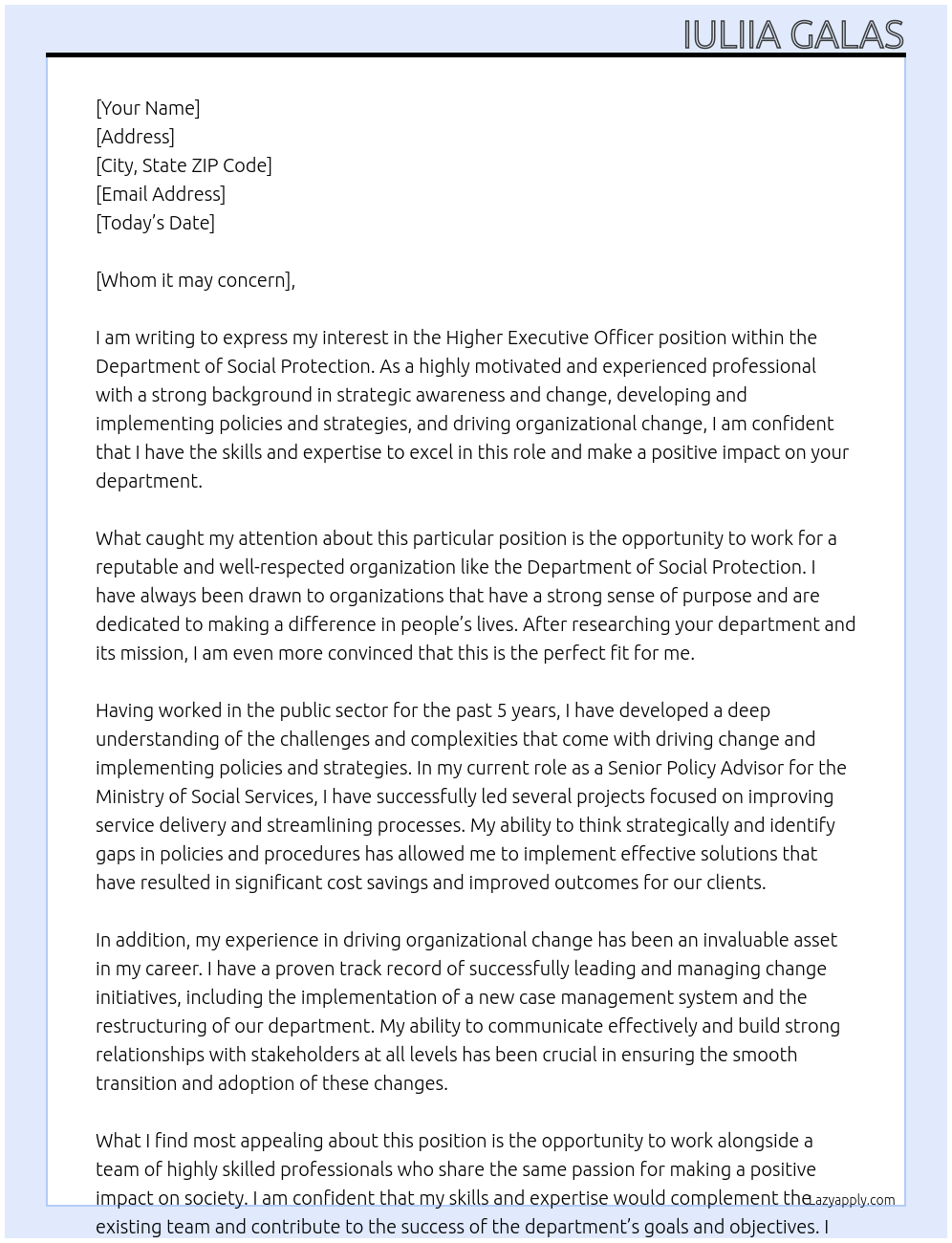 Higher Executive Officer At Department of Social Protection Cover Letter