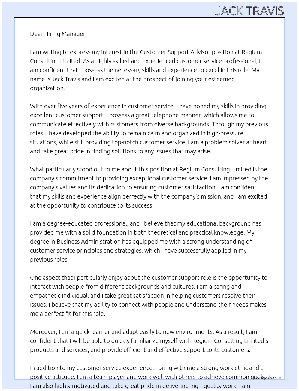 Customer Support Advisor At Regium Consulting Limited Cover Letter