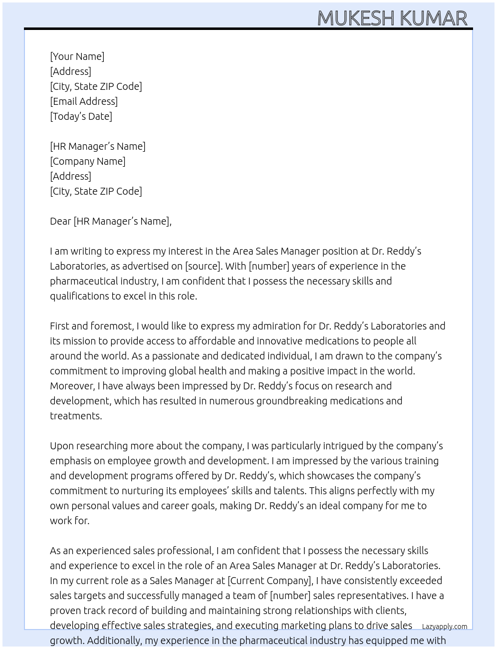 Area Sales Manager At Dr.Reddy's Laboratories Cover Letter