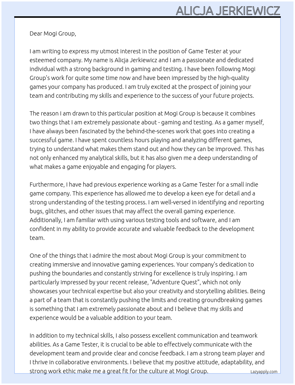 Game Tester At Mogi Group Cover Letter