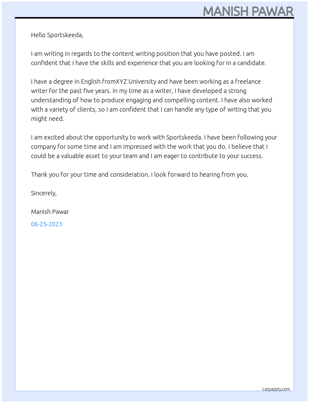 Content writing At Sporrskeeda Cover Letter