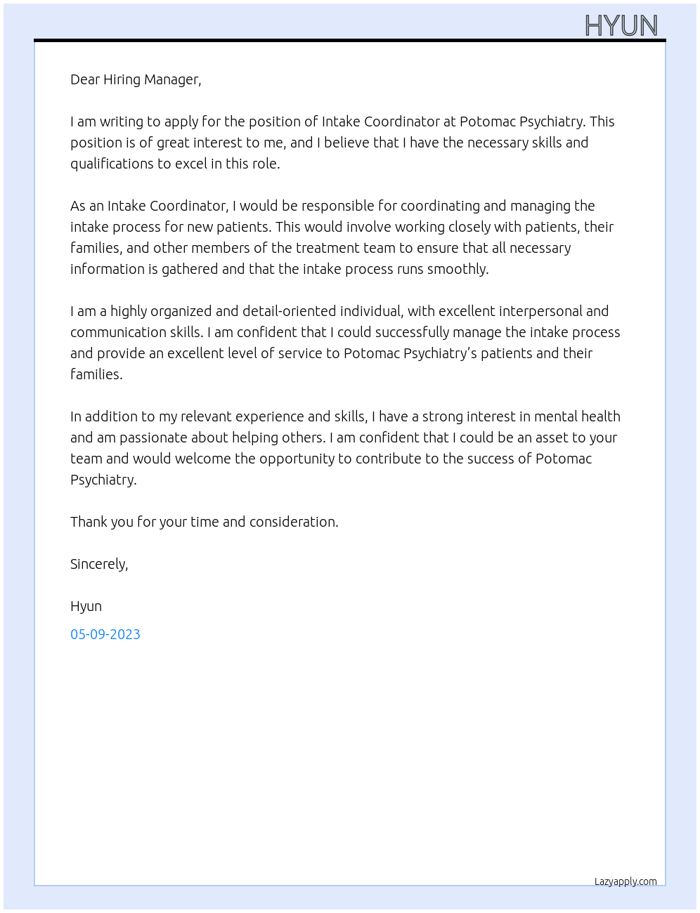 Intake Coordinator At Potomac Psychiatry Cover Letter