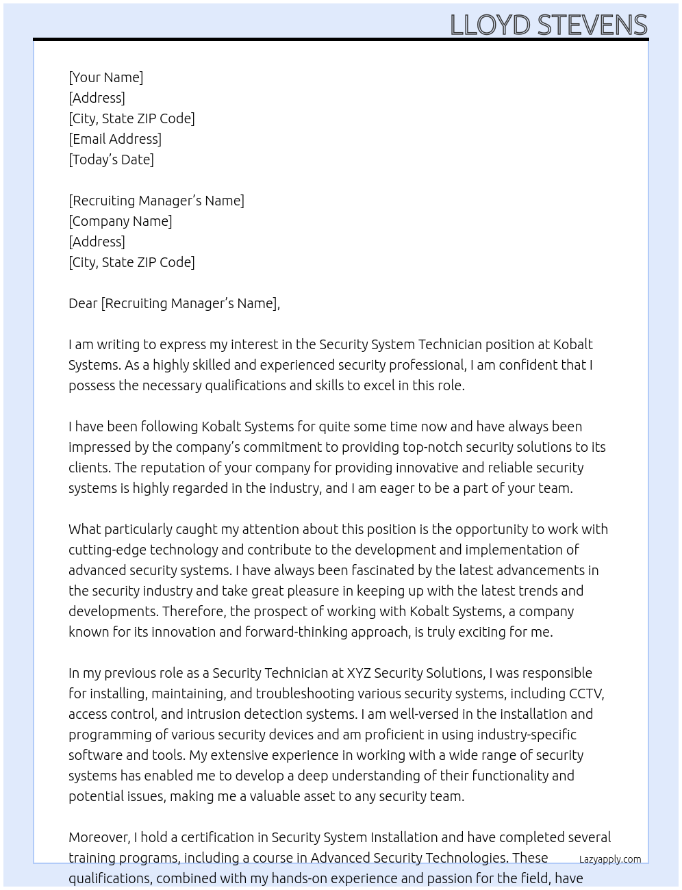 Security System Technician At Kobalt Systems Cover Letter