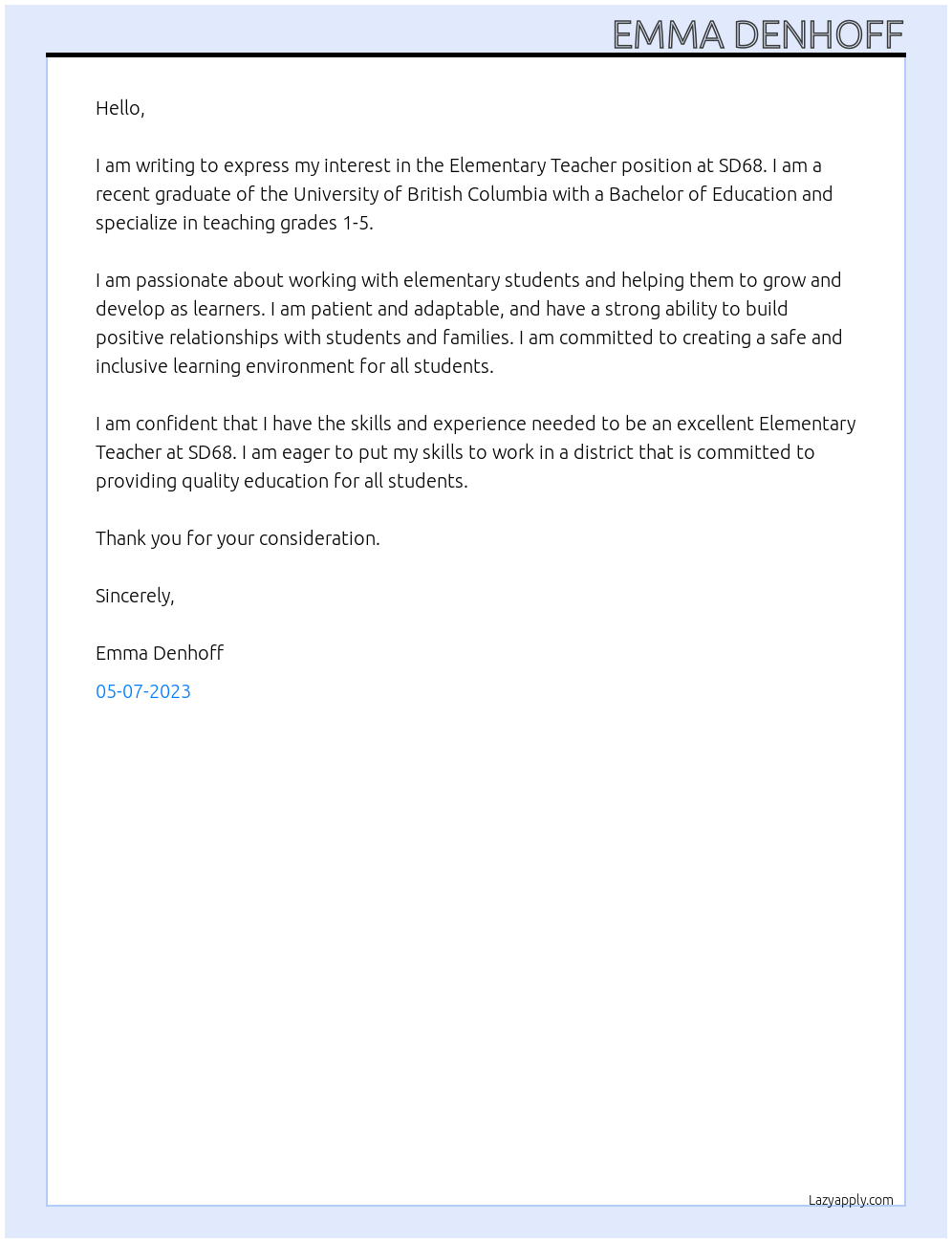 Elementary Teacher At SD68 Cover Letter