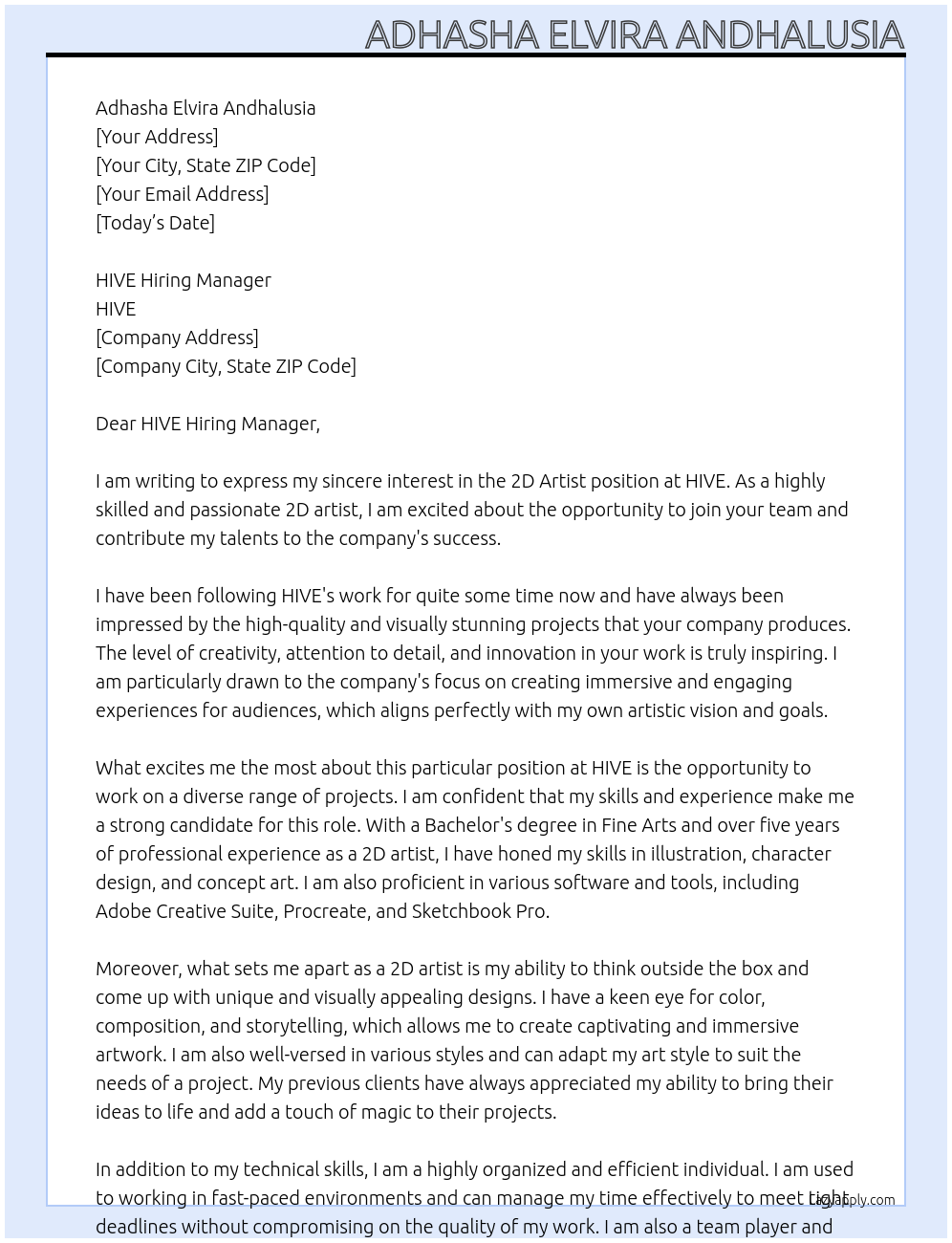 2D Artist At HIVE Cover Letter