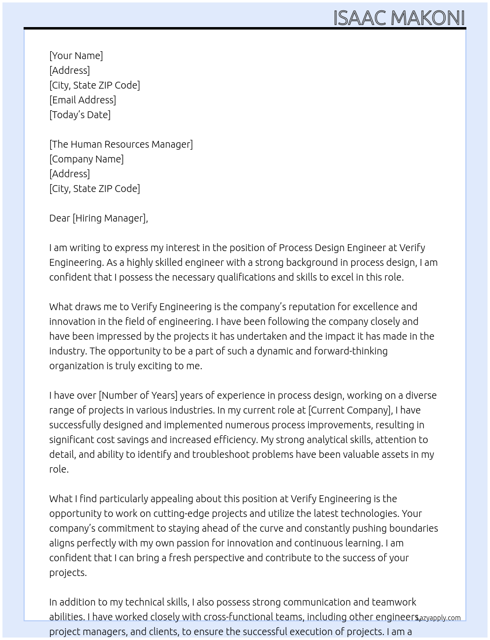 Cover letter for process design engineer - LazyApply