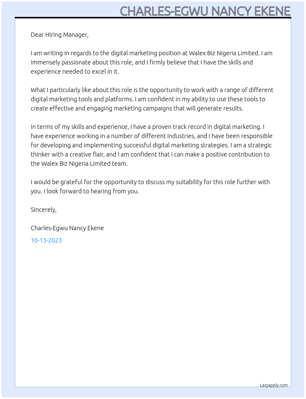 Digital marketer At Walex Biz Nigeria Limited Cover Letter