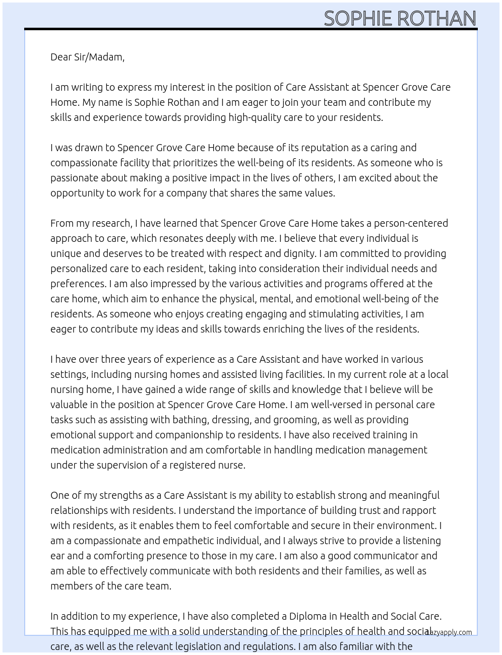 care assistant At spencer grove care home Cover Letter