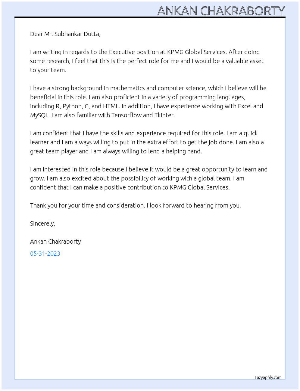 Executive At KPMG Global Services Cover Letter