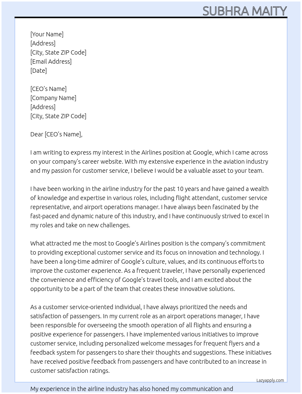 Airlines At Google Cover Letter