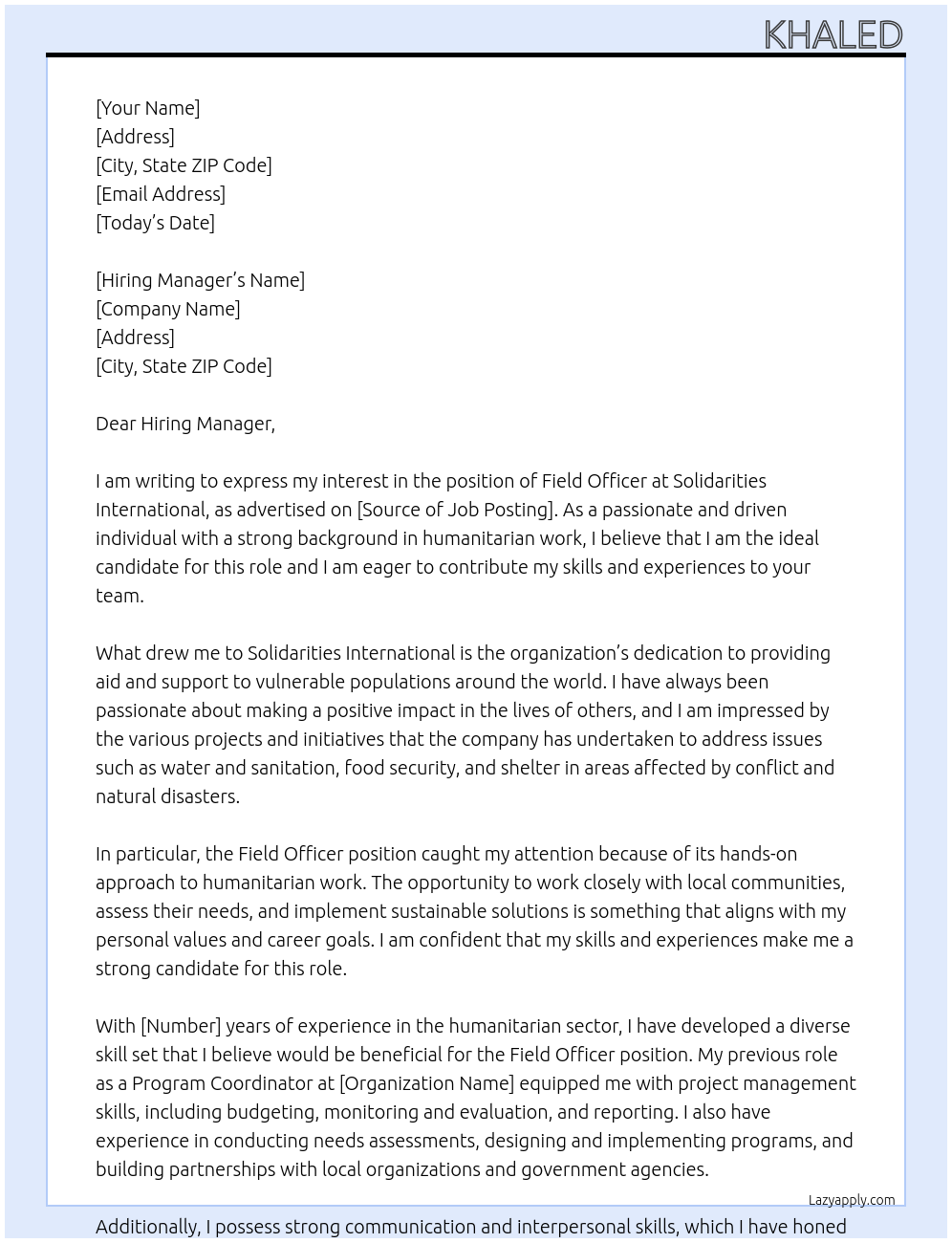 Field Officer At Solidarities International Cover Letter