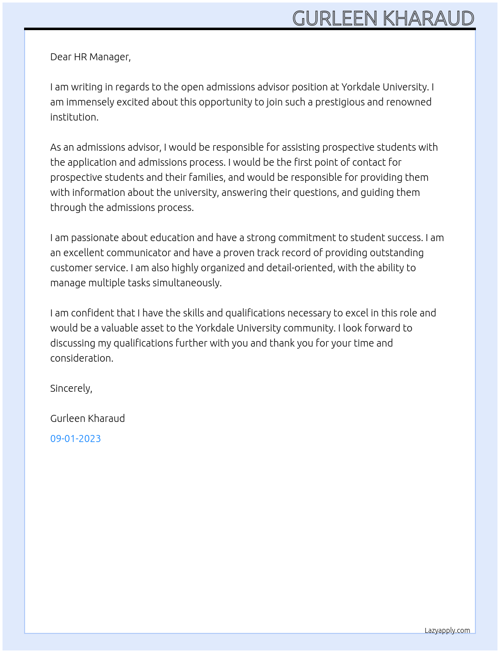 admissions advisor At YORKDALE UNIVERSITY Cover Letter