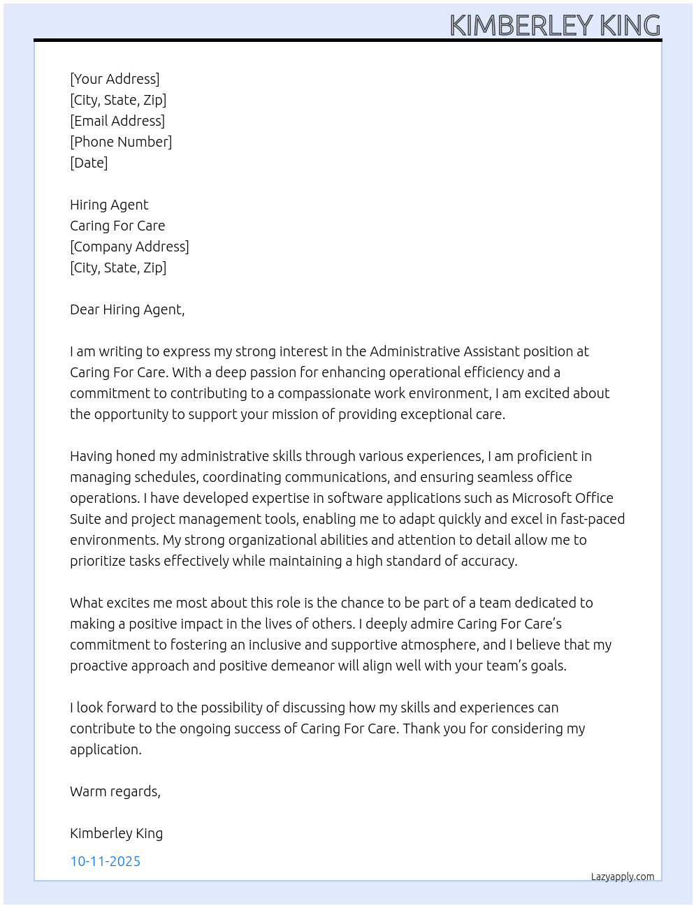 Administrative Assistant At Caring For Care Cover Letter