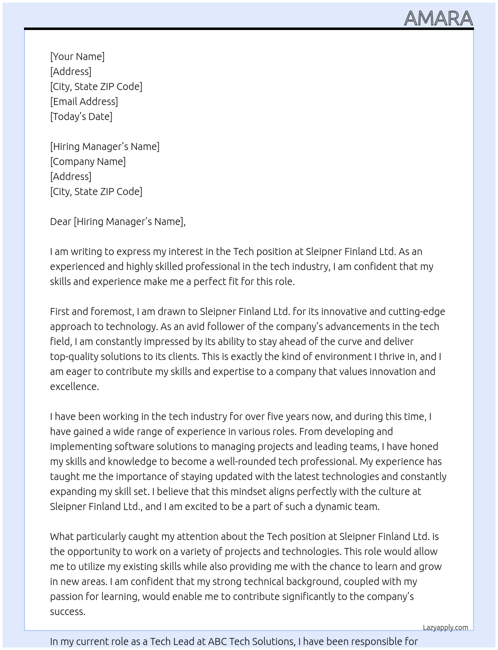 Tech At Sleipner Finland Ltd.  Cover Letter