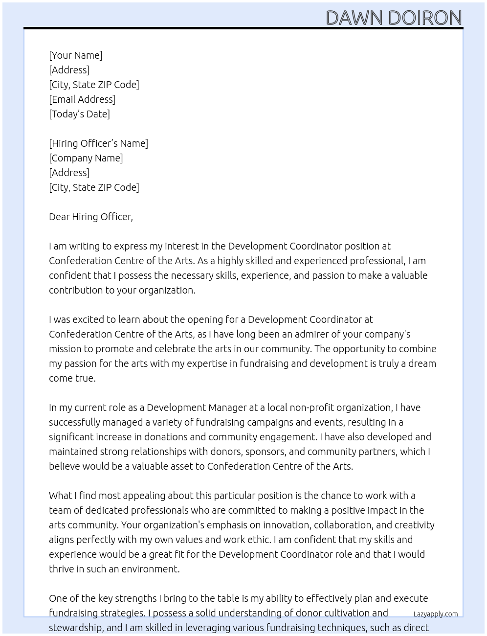 Development Coordinator At Confederation Centre of the Arts Cover Letter