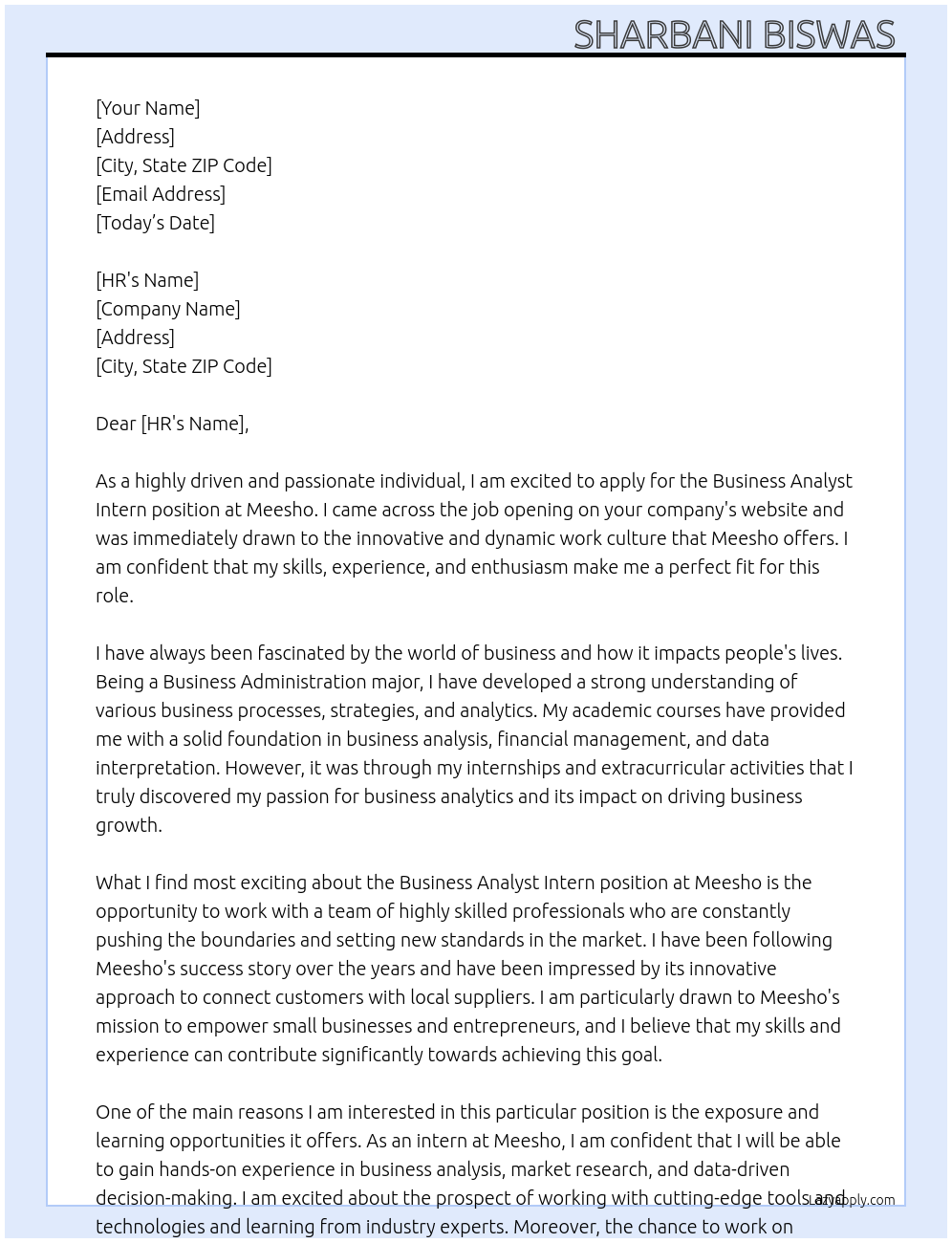 Business analyst intern At Meesho Cover Letter