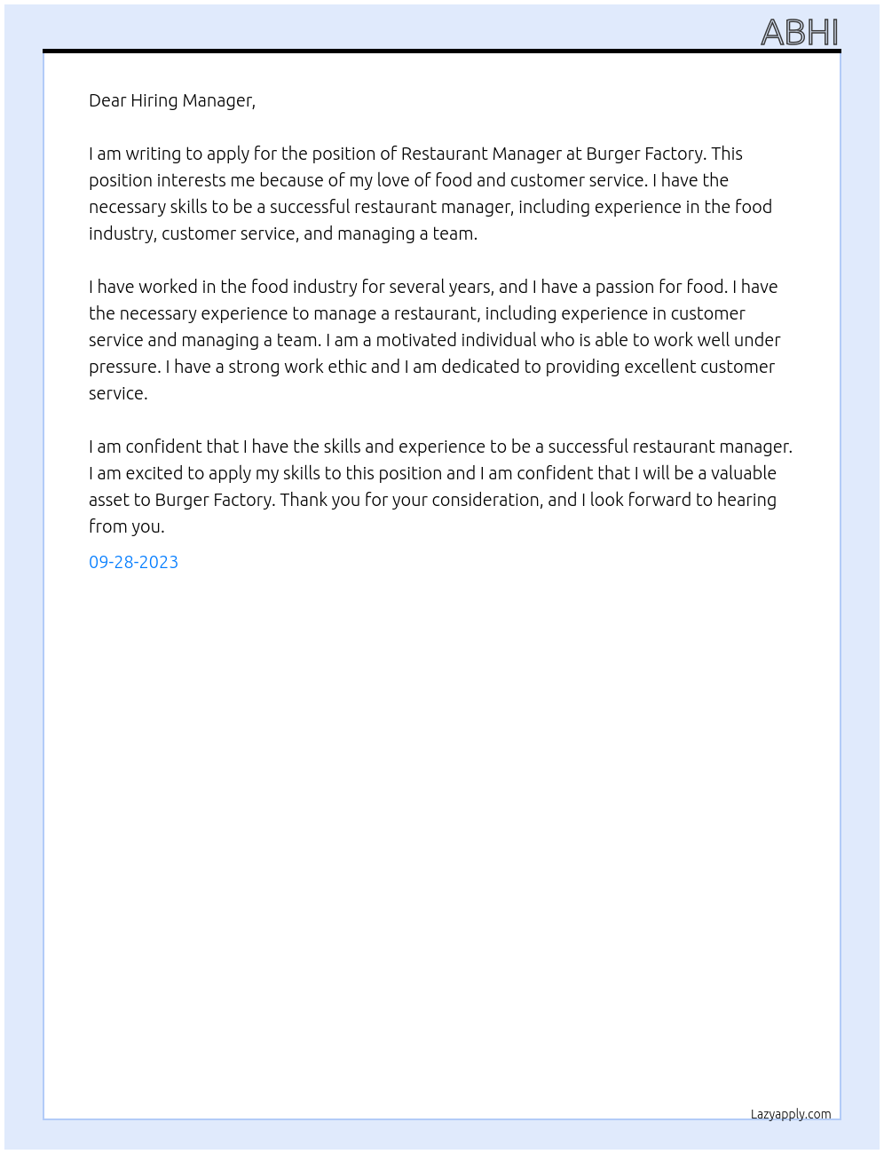 Restaurant Manager At Burger Factory Cover Letter