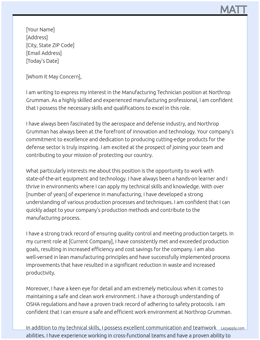 Manufacturing Technician At Northrop Grumman Cover Letter