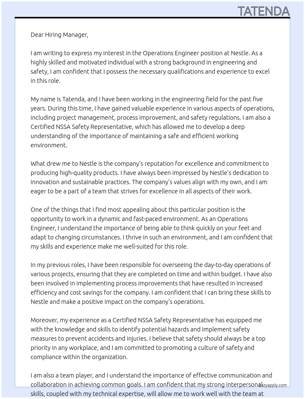 Operations Engineer At Nestle Cover Letter