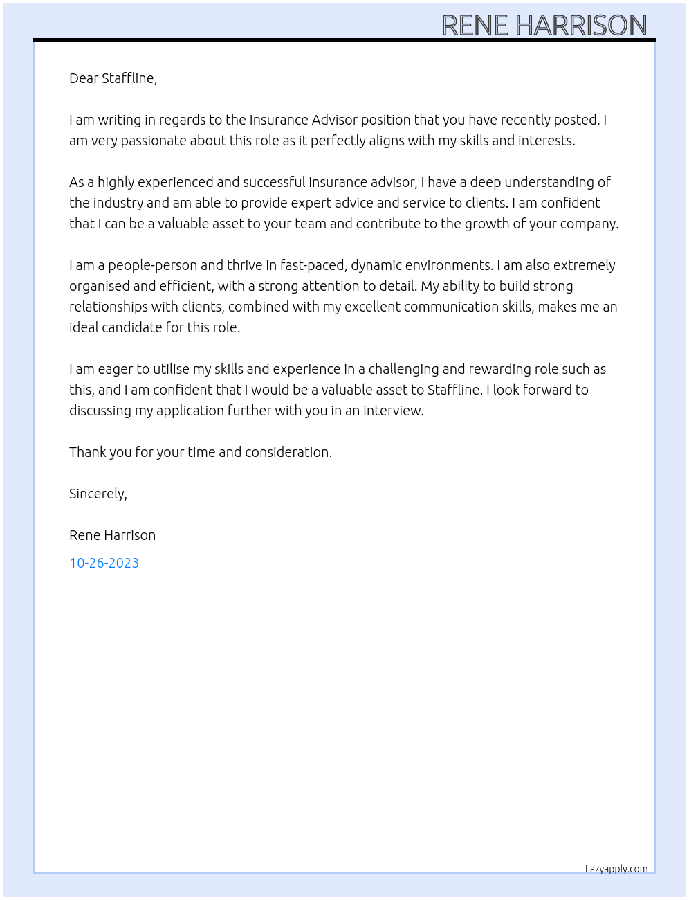 Insurance Advisor At Staffline Cover Letter