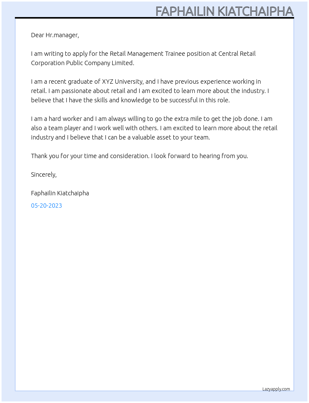 Retail Management trainee At Central Retail Corporation Public Company Limited Cover Letter