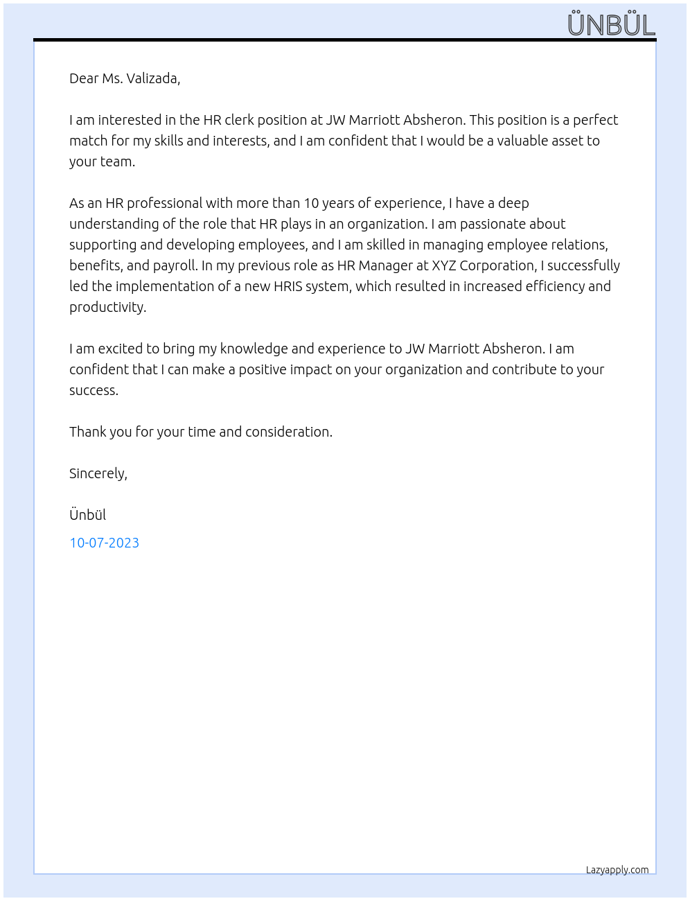 Hr clerk At Jw Marriott Absheron Cover Letter