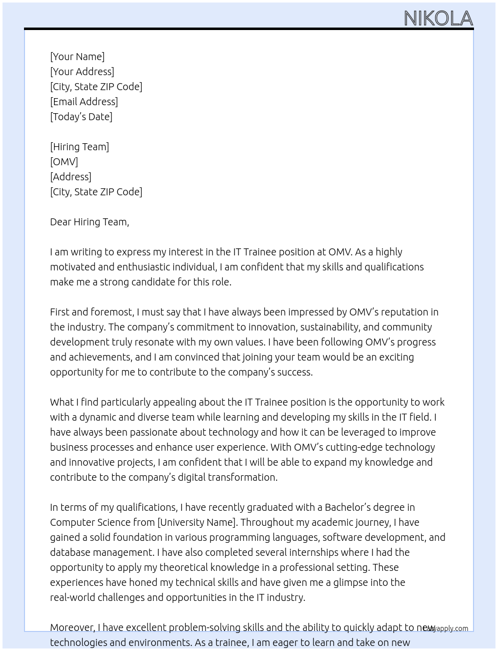 IT Trainee At OMV Cover Letter