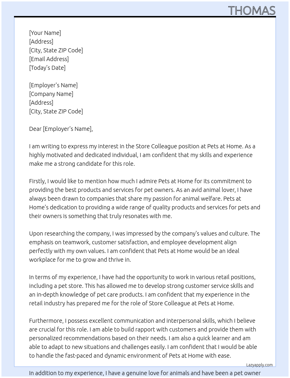 store colleague At Pets at home Cover Letter