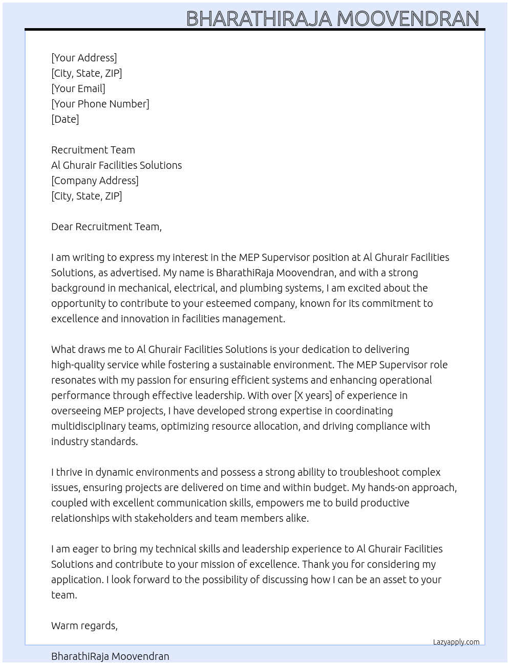 Cover letter for mep supervisor - LazyApply