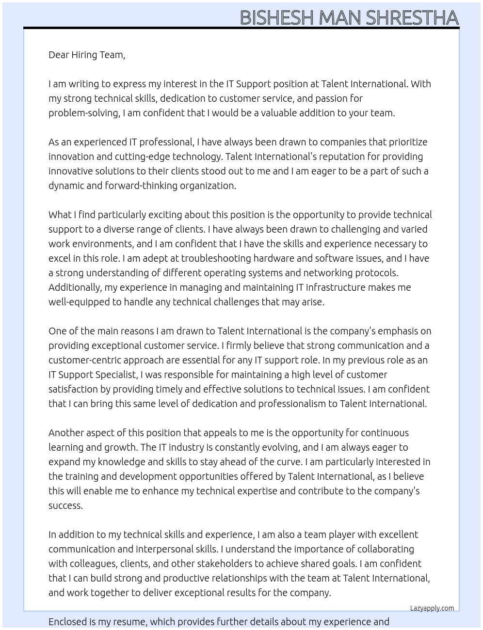 It support At Talent international  Cover Letter