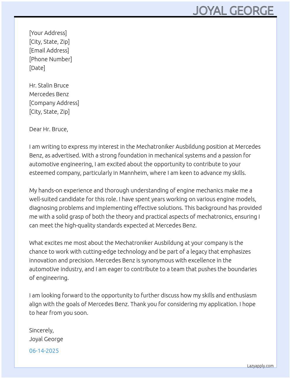 Mechatroniker Ausbuildung  At Mercedes Benz  Cover Letter