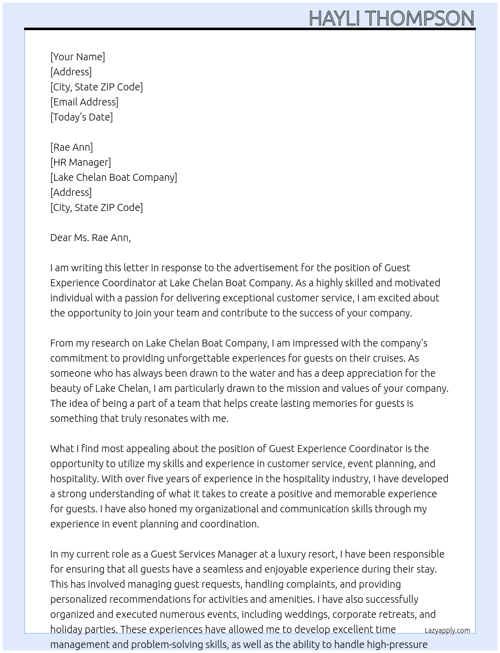 Guest Experience Coordinator At Lake Chelan Boat Company Cover Letter