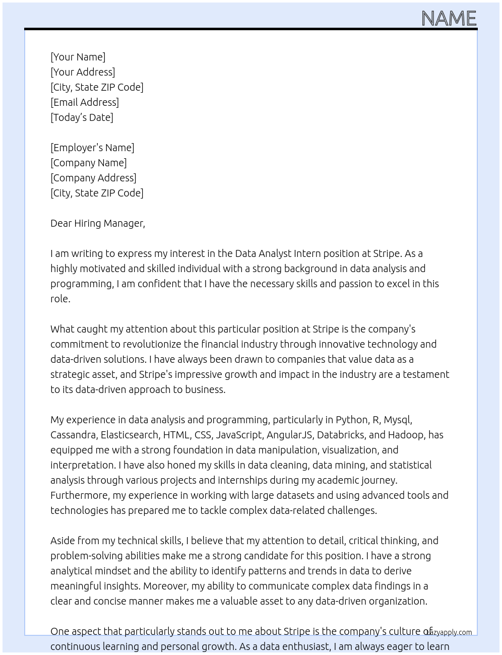 Data Analyst Intern At Stripe Cover Letter