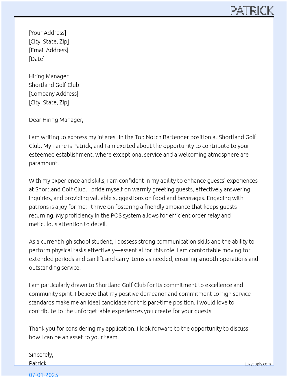 Top notch Bartender At Shortland Golf Club Cover Letter