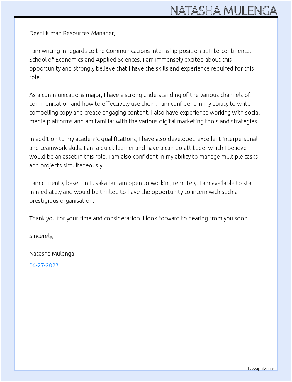 Communications At Intercontinental school of Economics and Applied sciences Cover Letter