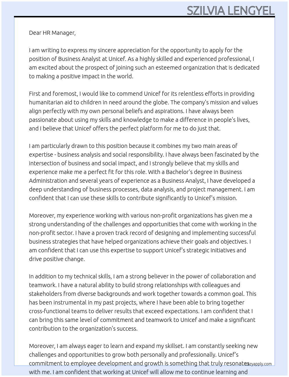 Business analyst At Unicef Cover Letter