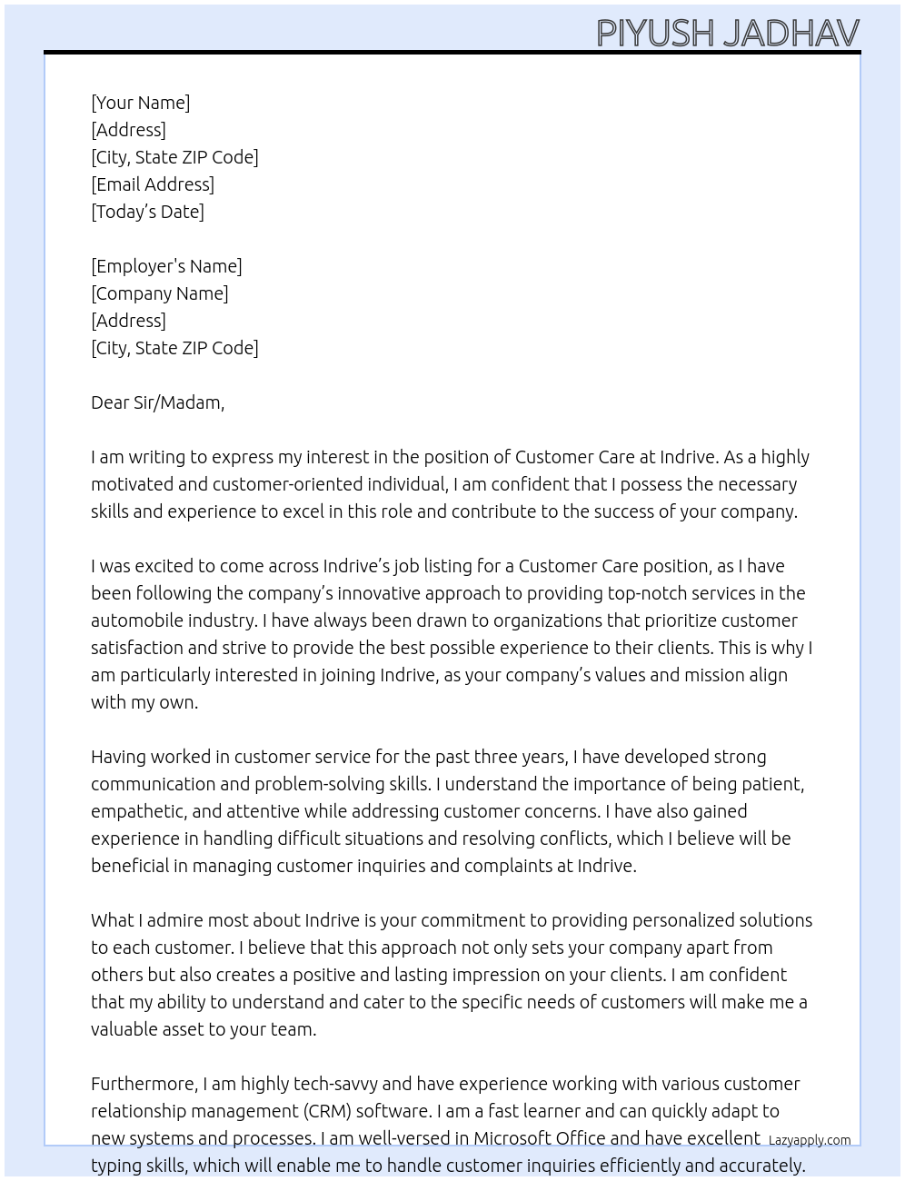 Customer care  At Indrive Cover Letter