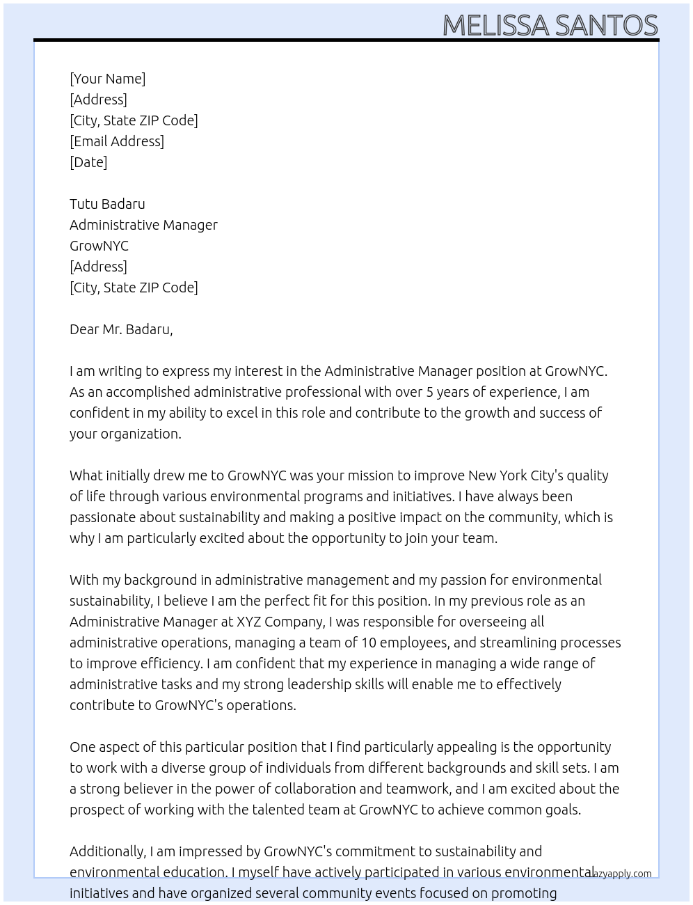 Administrative Manager At GrowNYC Cover Letter