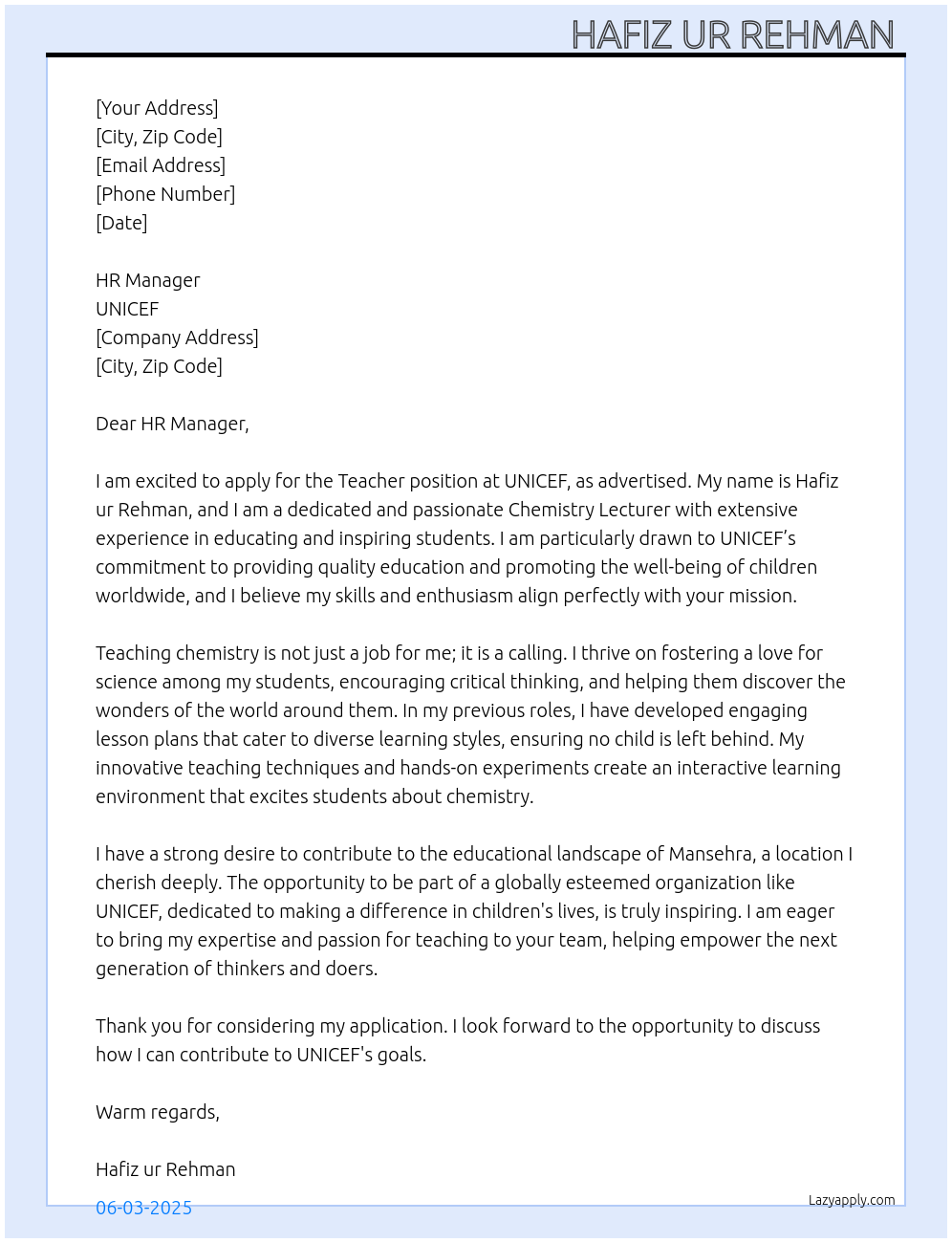 Teacher At UNICEF Cover Letter