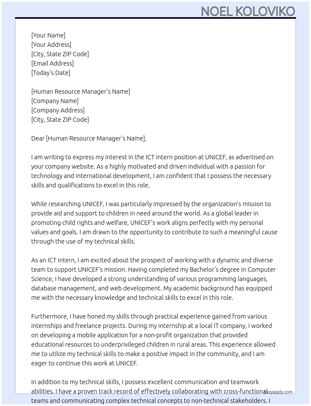 ICT intern At Unicef Cover Letter